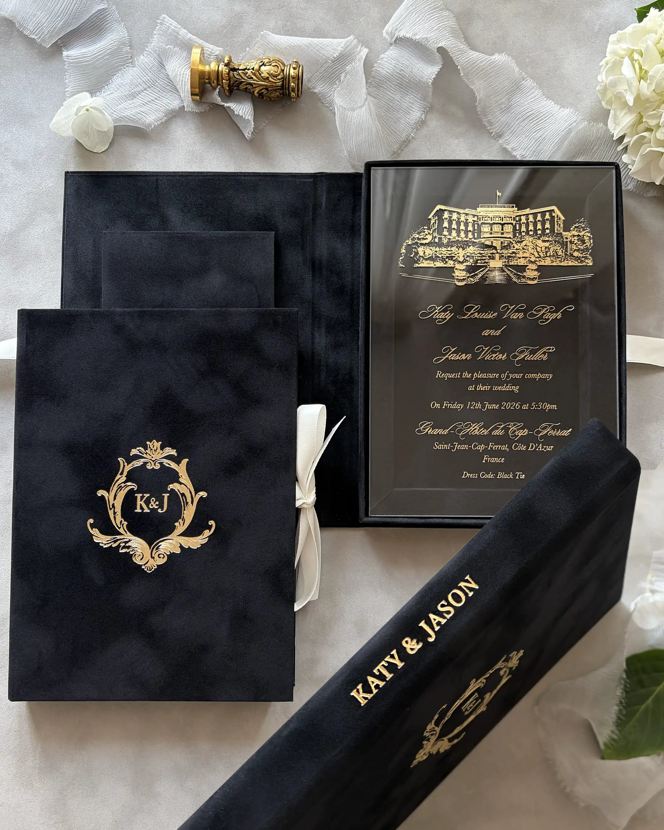 Grand-Hôtel du Cap-Ferrat Black Velvet Boxed wedding invitation set with acrylic insert and personalised ribbon — Polina Perri
